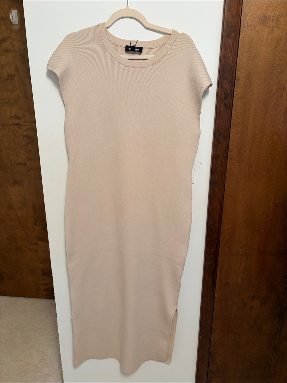 Express Beige Cap-Sleeve Ribbed Maxi Dress
